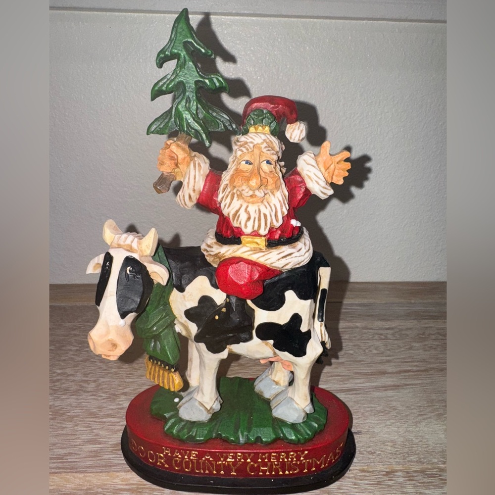 Vintage David Frykman Santa On Holstein Tree Riding Cow Sculpture Figurine